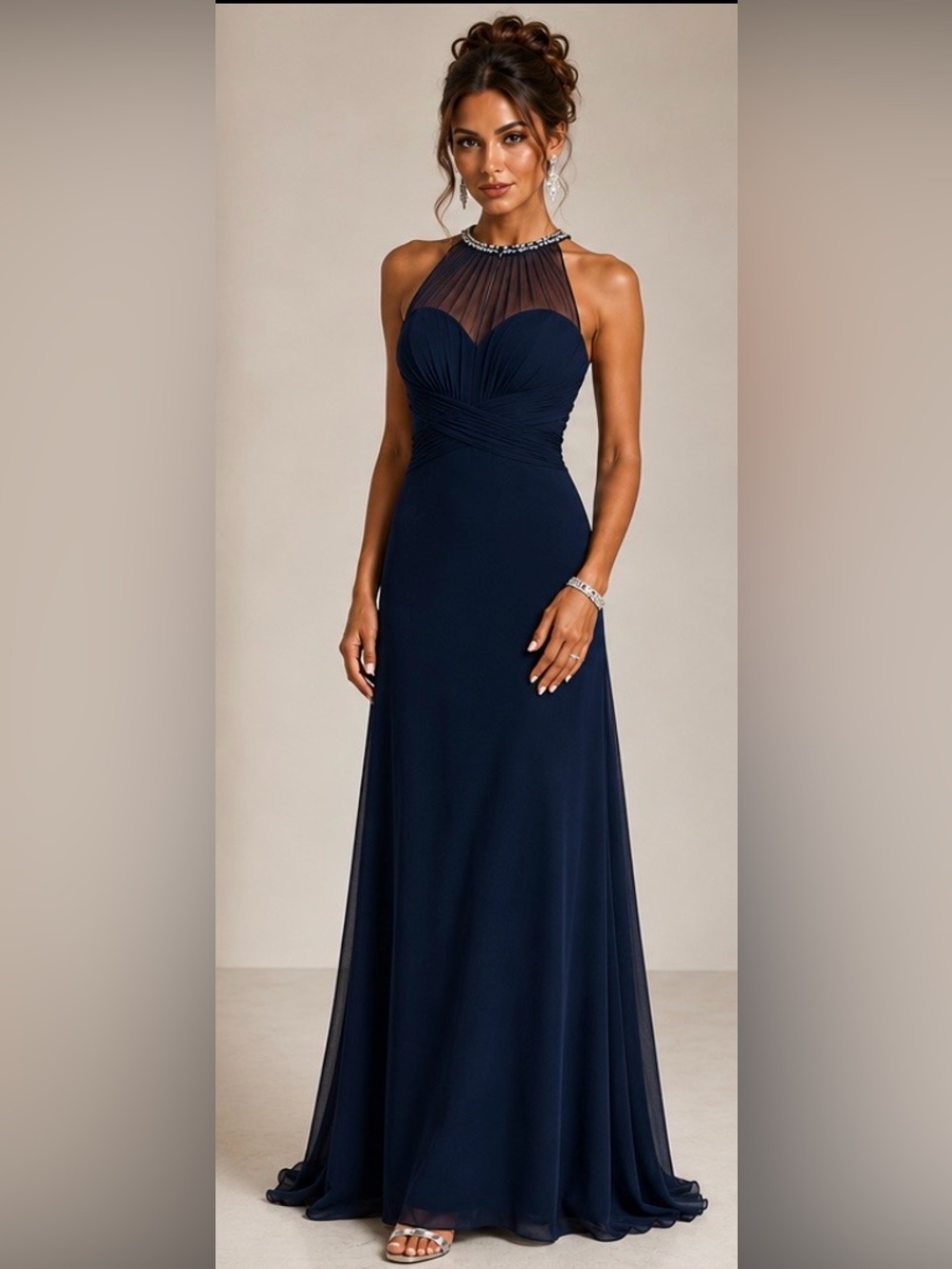 ALFRED ANGELO Midnight Navy Evening Gown Luxe Sheer Embelished Neckline UK 8